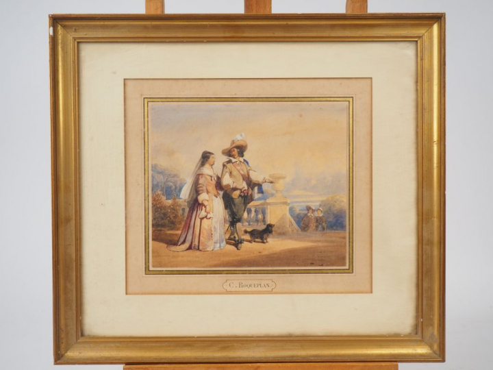 C. ROQUEPLAN (attribué à) "Conversation près de la balustrade" Aquarel