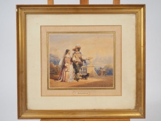Vente aux enchères C. ROQUEPLAN (attribué à) "Conversation près de la balustrade" Aquarel