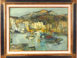 Vente aux enchères Jacques VAN DEN BUSSCHE "Vue d'un port méditérannéen". Huile sur toile