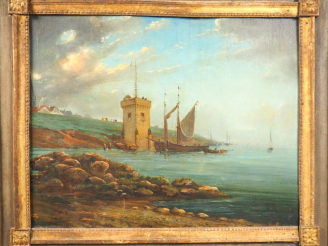 Vente aux enchères Trumeau Louis XVI en bois laqué gris et doré à décor de marine. Dim du