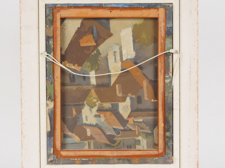 Raymond CRETOT-DUVAL "Village animé" Huile sur toile double faces. Sig