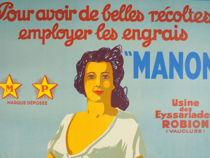ENGRAIS MANON. Affiche par Viano, imprimerie Moullot, circa 1930. Cond
