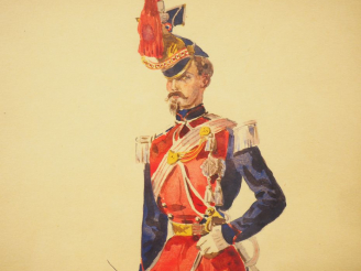 Vente aux enchères LALAISSE (attribué à) « Types militaires » Suite de neuf aquarelles or