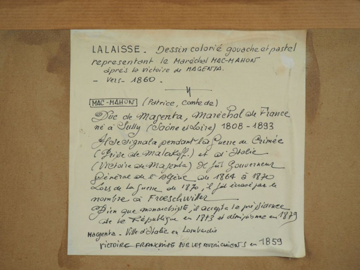 LALAISSE « Le Maréchal Mac Mahon après la victoire » Pastel.  Signé en