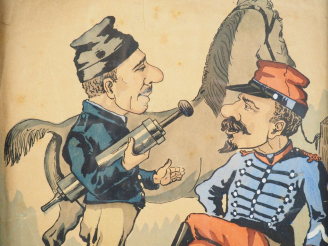 Vente aux enchères Trois différentes lithographies en couleur « Caricatures militaires ».