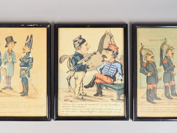 Trois différentes lithographies en couleur « Caricatures militaires ».