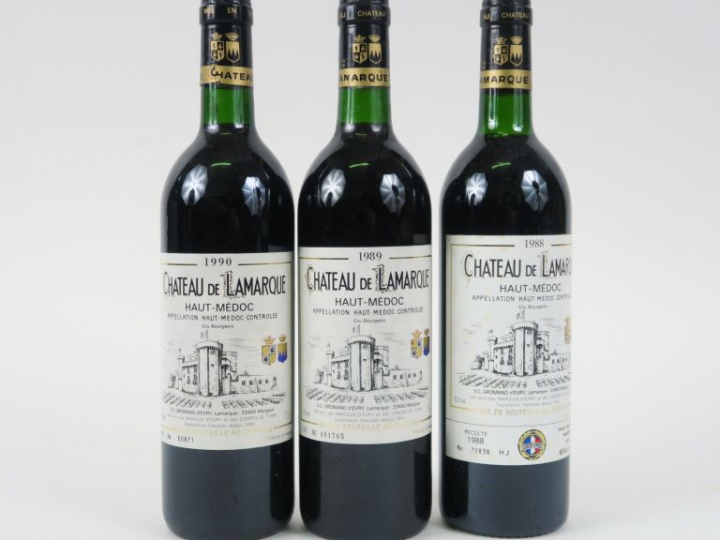 3 BOUTEILLES CHÂTEAU LAMARQUE HAUT MÉDOC -1 de 1990 - 1 de 1989 - 1 de