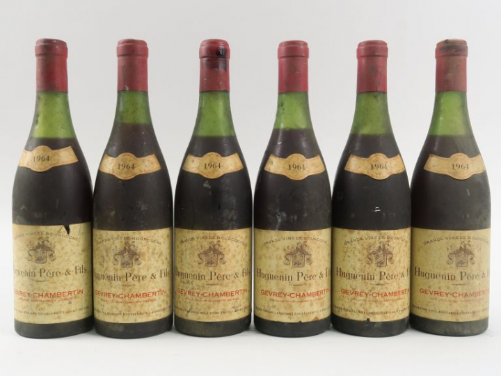 6 BOUTEILLES GEVREY CHAMBERTIN HUGUENIN PÈRE   FILS - 1964 - 2 à 3 CM/