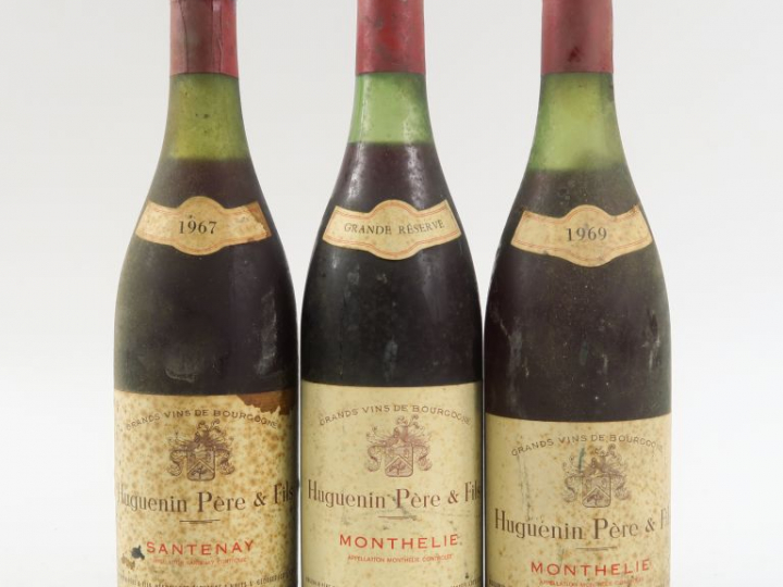 3 BOUTEILLES HUGUENIN PÈRE   FILS : 1 SANTENAY 1967 3.5 CM - 1 MONTHÉL