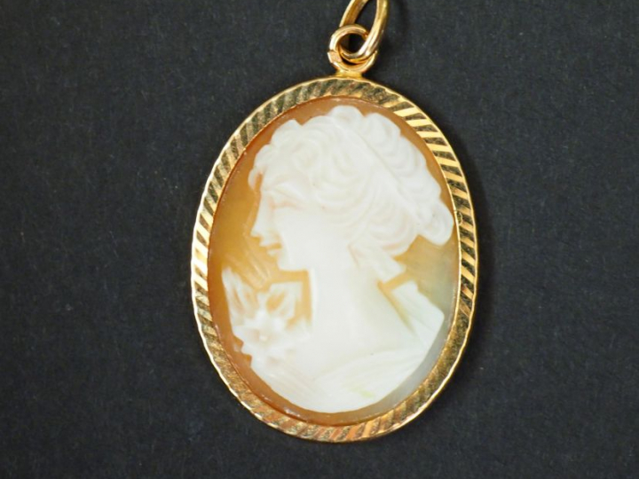 Pendentif serti d'un camée figurant une jeune femme de profil.  Montur