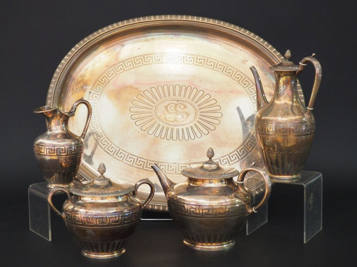 	WIESE. Service à café et à thé en argent, poinçon Minerve, à décor de