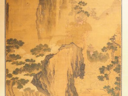 Peinture sur soie figurant des lettrés dans des pavillons sur fond de 