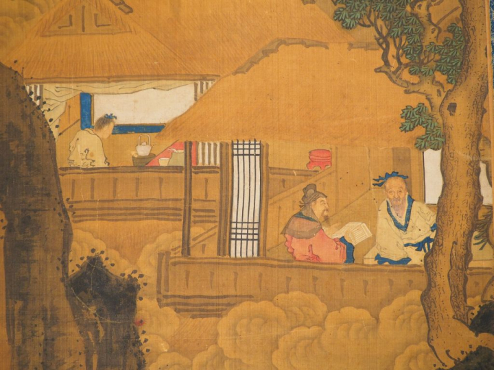 Peinture sur soie figurant des lettrés dans des pavillons sur fond de 