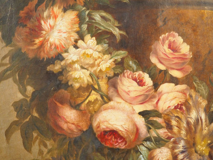 Ecole française XIXème. "Bouquet de fleur en médaillon". Huile sur toi