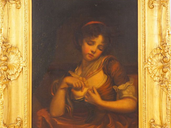 Ecole française début XIXème. "Jeune fille à l'oiseau". Huile sur toil