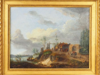 Vente aux enchères Ecole française XIXème. "Entrée de village près de la rivière". Huile 