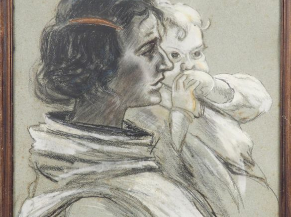 Ecole française début Xxème. "Jeune mère et son enfant". Dessin. Signé