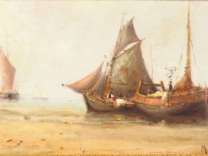 Ecole française XIXème. "Marine". Huile sur panneau. Signée en bas à d