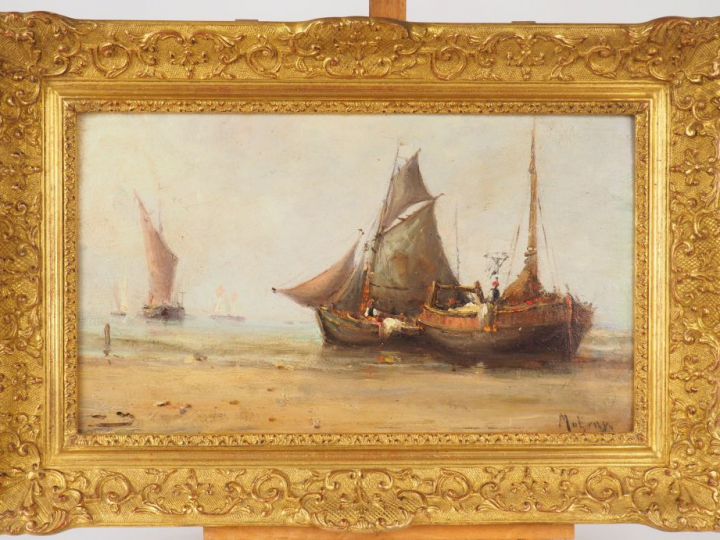 Ecole française XIXème. "Marine". Huile sur panneau. Signée en bas à d