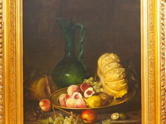 O. de COCQUEREL. "Nature morte à l'aiguière, et aux fruits". Huile sur