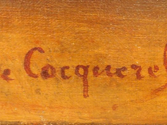 O. de COCQUEREL. "Nature morte à l'aiguière, et aux fruits". Huile sur