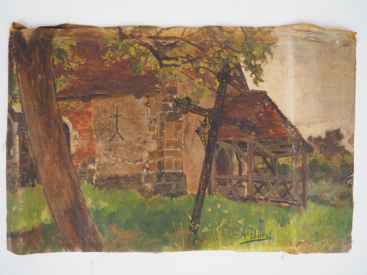A. DURST. "Chapelle en gironde". Huile sur toile. Signée en bas à droi