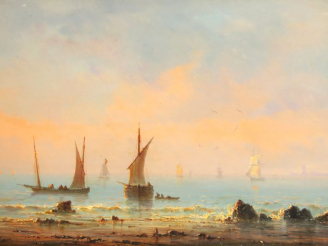 Vente aux enchères GUDIN.  "Bateau de pêche". Huile su panneau. Signée en bas à gauche. D
