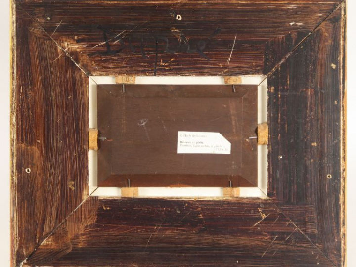 GUDIN.  "Bateau de pêche". Huile su panneau. Signée en bas à gauche. D