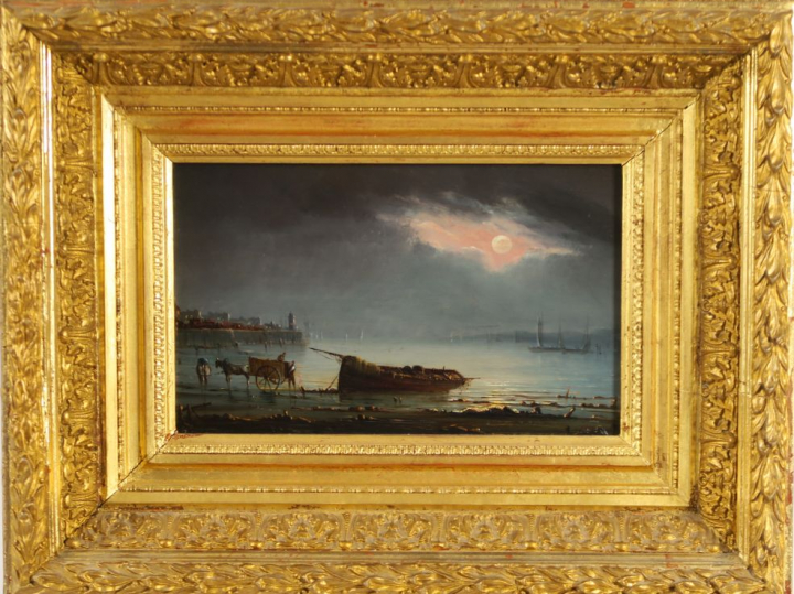 GUDIN (attribué à). "Marine nocturne".  Huile sur panneau. Dim: 13,5 x