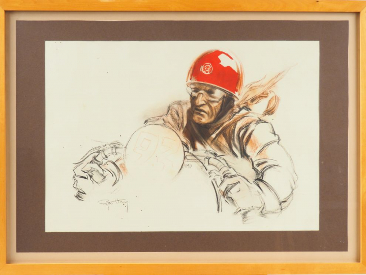 GEO HAM. "Pilote au casque rouge". Lithographie en couleur. Signée en 