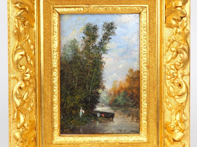 F. PIERDON. "Pêcheur près de l'étang". Huile  sur panneau dans un cadr