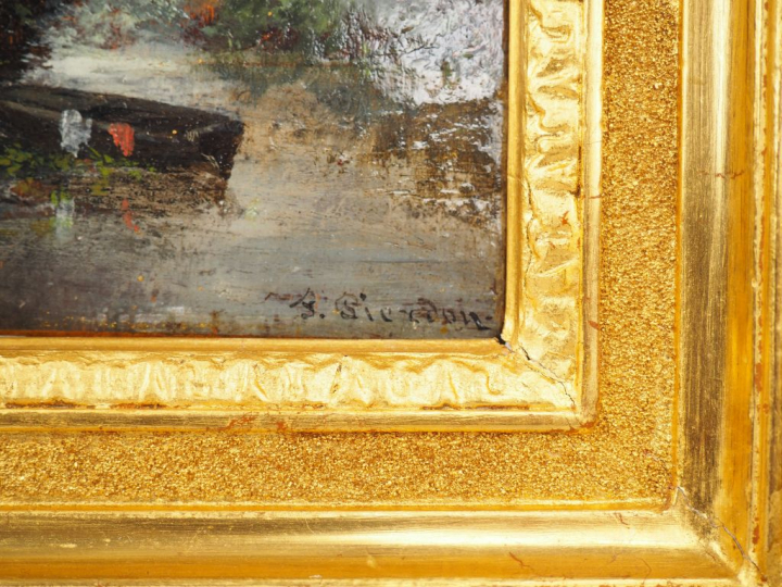 F. PIERDON. "Pêcheur près de l'étang". Huile  sur panneau dans un cadr