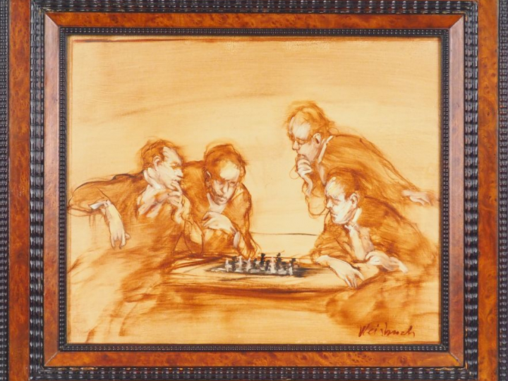 CLAUDE WEISBUCH. "Les joueurs d'échec". Huile sur toile. Signée en bas