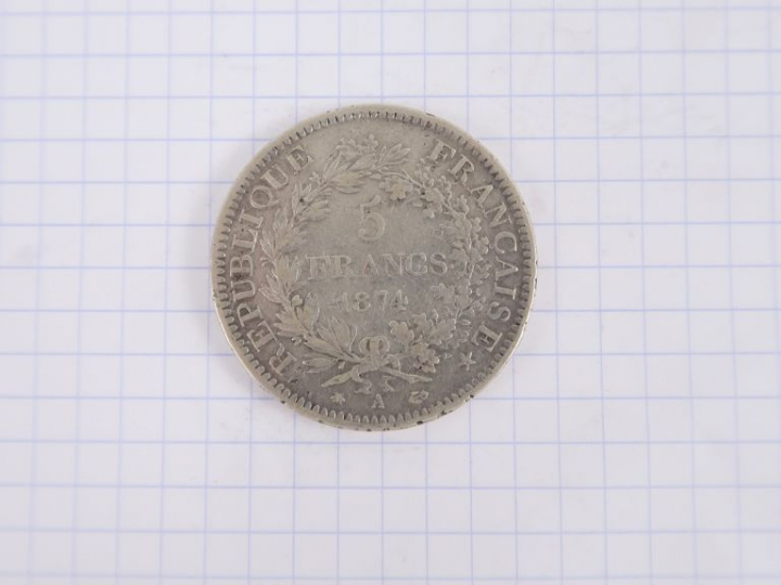  5 francs Hercule, 1874 A, Paris. B.