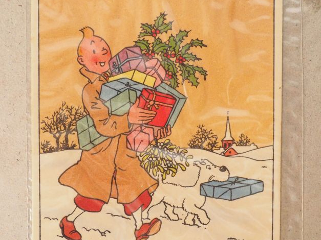 Carte neige N°23,"Tintin et Milou portant des cadeaux", Réed avec "Bon