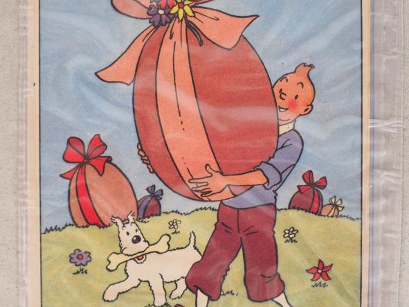 Cartes festives N°5 "Joyeuses Pâques !" Tintin porte un gros œuf de Pâ