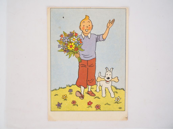 Cartes festives N°8 "Tintin avec un bouquet de fleur et Milou avec son