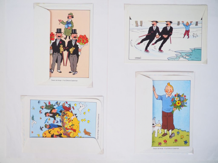 Série complète (4) de cartes festives attachées à leur enveloppe illus