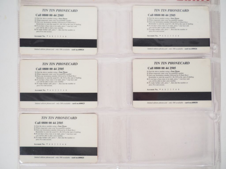 5 cartes téléphoniques 500 exp numérotées -"TINTIN LES CIGARES DU PHAR