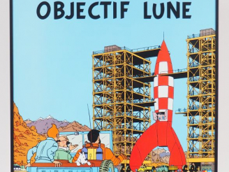 Vente aux enchères CADRE AFFICHE TINTIN "OBJECTIF LUNE" 70/50 cm édition MOULINSART CV 16