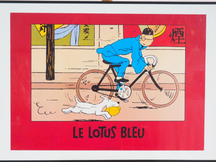 CADRE AFFICHE TINTIN "LE LOTUS BLEU" Tintin à vélo ed Moulinsart / 010
