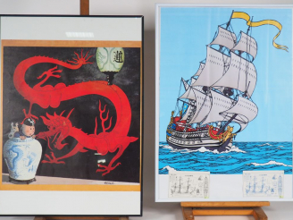 Vente aux enchères 1 CADRE LOTUS BLEU 50x70 cm + 1 cadre représentant LA LICORNE avec 2 C