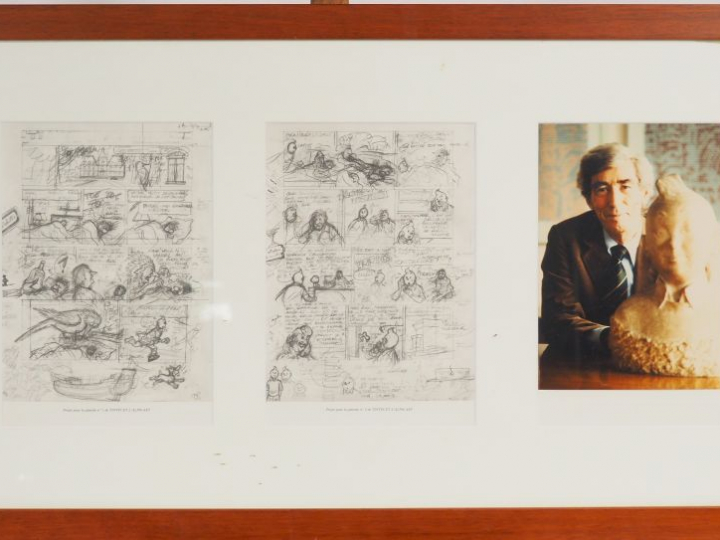 Cadre représentant Vœux 1984 - 2 pages de l'Alph Art + Photo d'HERGE s