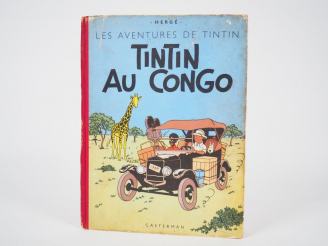 Vente aux enchères TINTIN AU CONGO - 1952 - DR-4e plat B6- Intérieur en TBE avec taches d