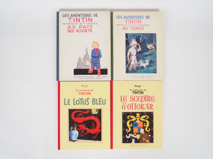 4 albums FS dont Tintin au Congo (1982) BE + Lotus Bleu (1993)+ Le Sce