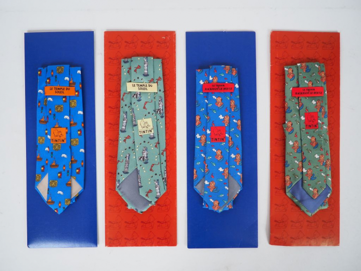 4 cravates TINTIN (Citime (1990) Temple du soleil et Tresor de Rackham