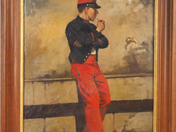 MONGE "Soldat fumant la pipe" Huile sur toile, signée en bas à gauche 