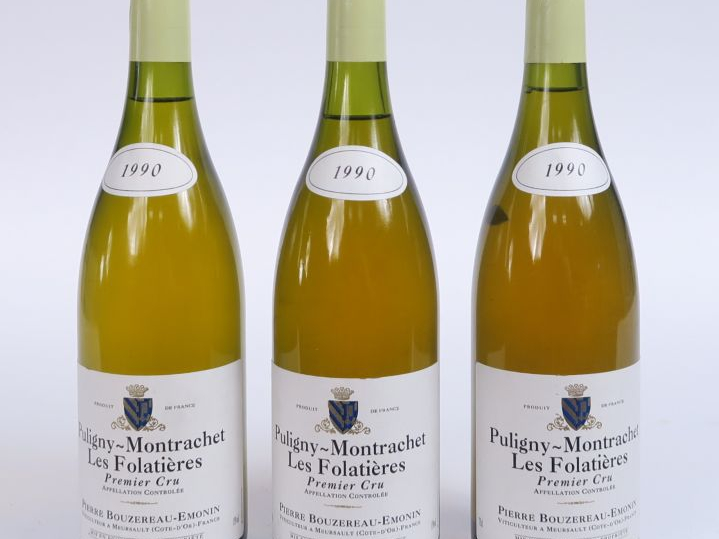 3 BOUTEILLES PULIGNY MONTRACHET 1er CRU 'LES FOLATIERES' P. BOUZEREAU 
