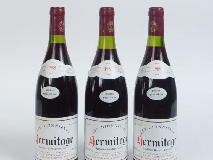3 BOUTEILLES HERMITAGE 'LES DIONNIERES' FAYOLLE - 1989 - 3 à 2,5 CM