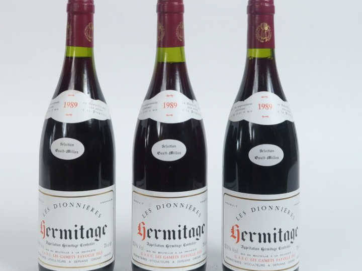 3 BOUTEILLES HERMITAGE 'LES DIONNIERES' FAYOLLE - 1989 - 1 à 0,5 CM/1 